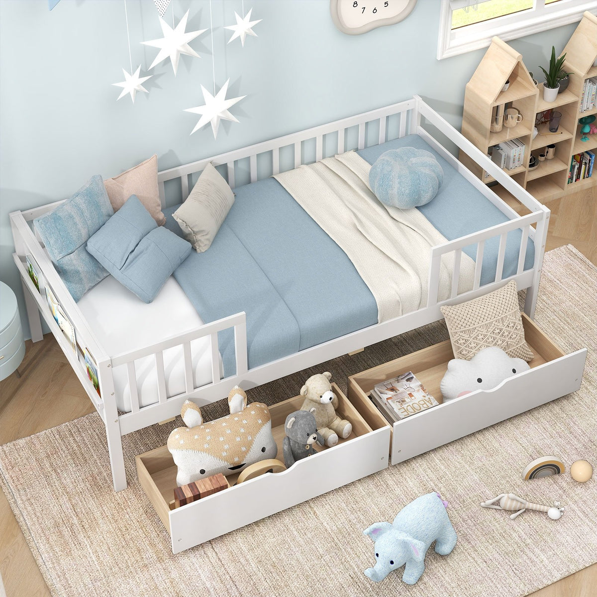 Twin Daybed with Fence and 2 Drawers Kids Bed for Boys & Girls-White view 3