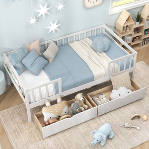 Twin Daybed with Fence and 2 Drawers Kids Bed for Boys & Girls-White view 3