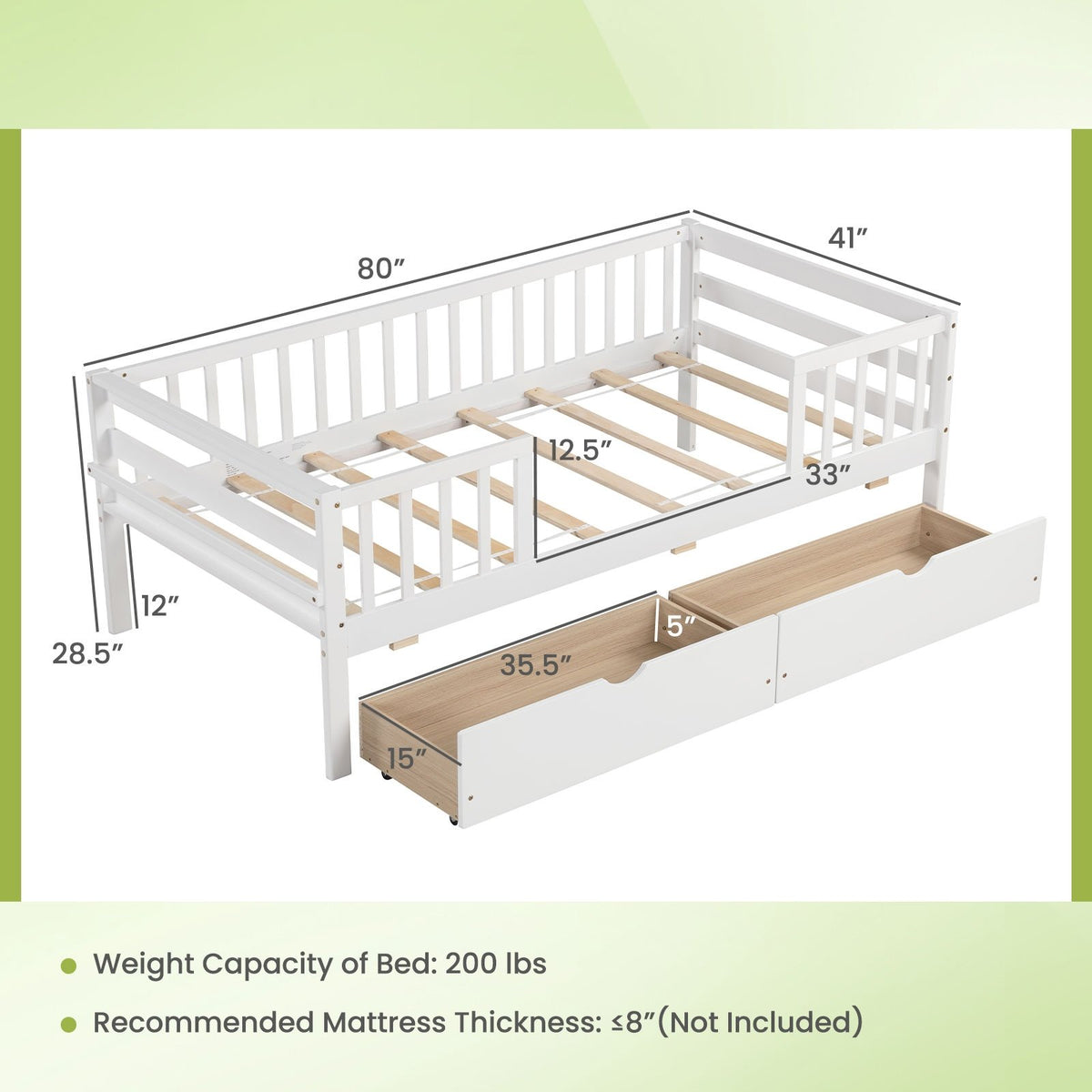 Twin Daybed with Fence and 2 Drawers Kids Bed for Boys & Girls-White view 5