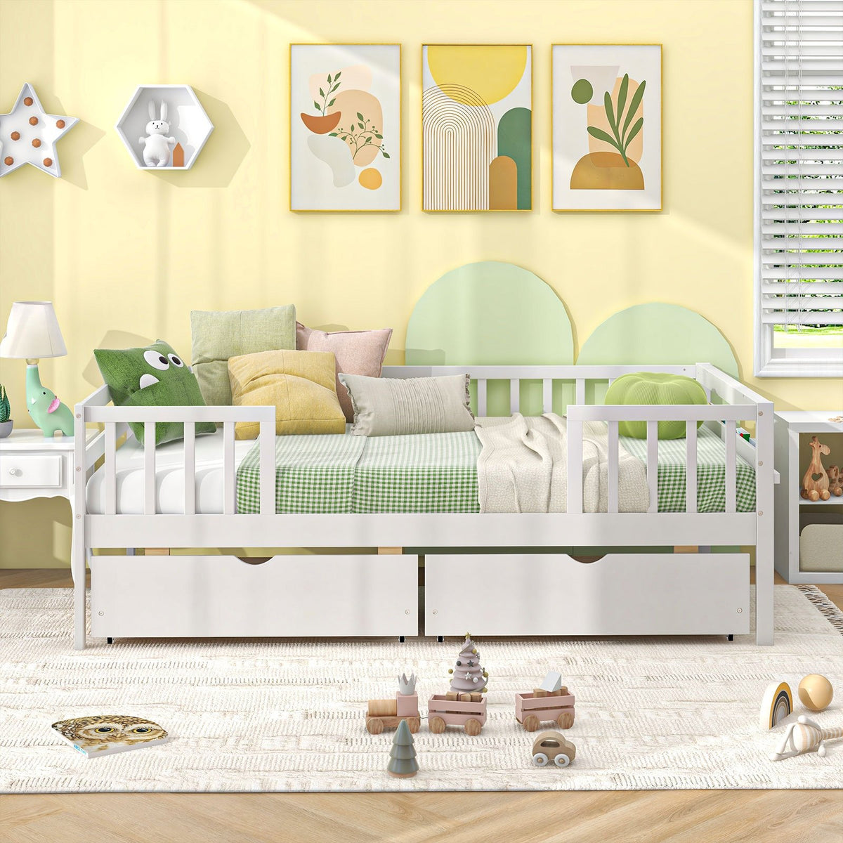 Twin Daybed with Fence and 2 Drawers Kids Bed for Boys & Girls-White view 6