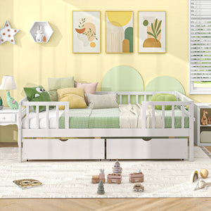Twin Daybed with Fence and 2 Drawers Kids Bed for Boys & Girls-White view 6