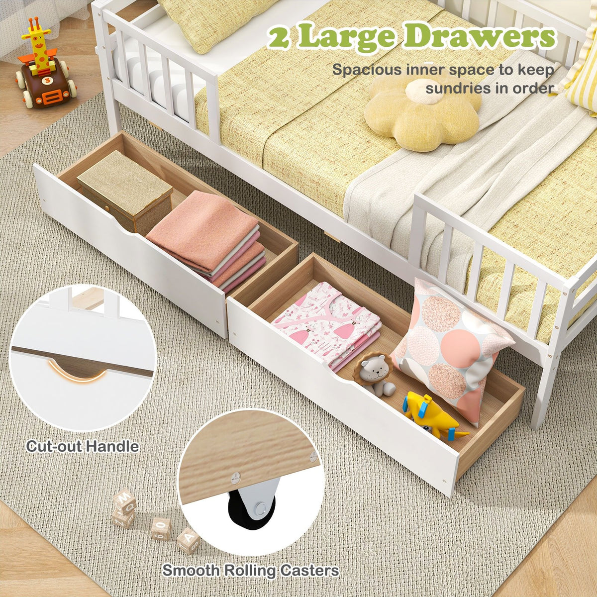 Twin Daybed with Fence and 2 Drawers Kids Bed for Boys & Girls-White view 7