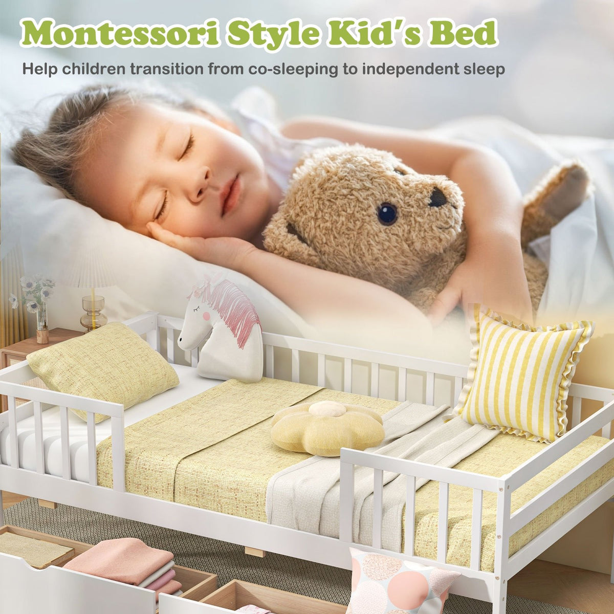 Twin Daybed with Fence and 2 Drawers Kids Bed for Boys & Girls-White view 9