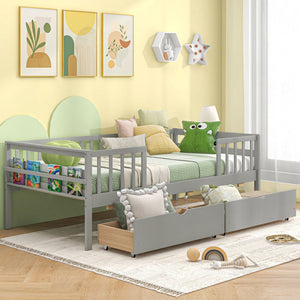 Twin Daybed with Fence and 2 Drawers Kids Bed for Boys & Girls-Gray view 2