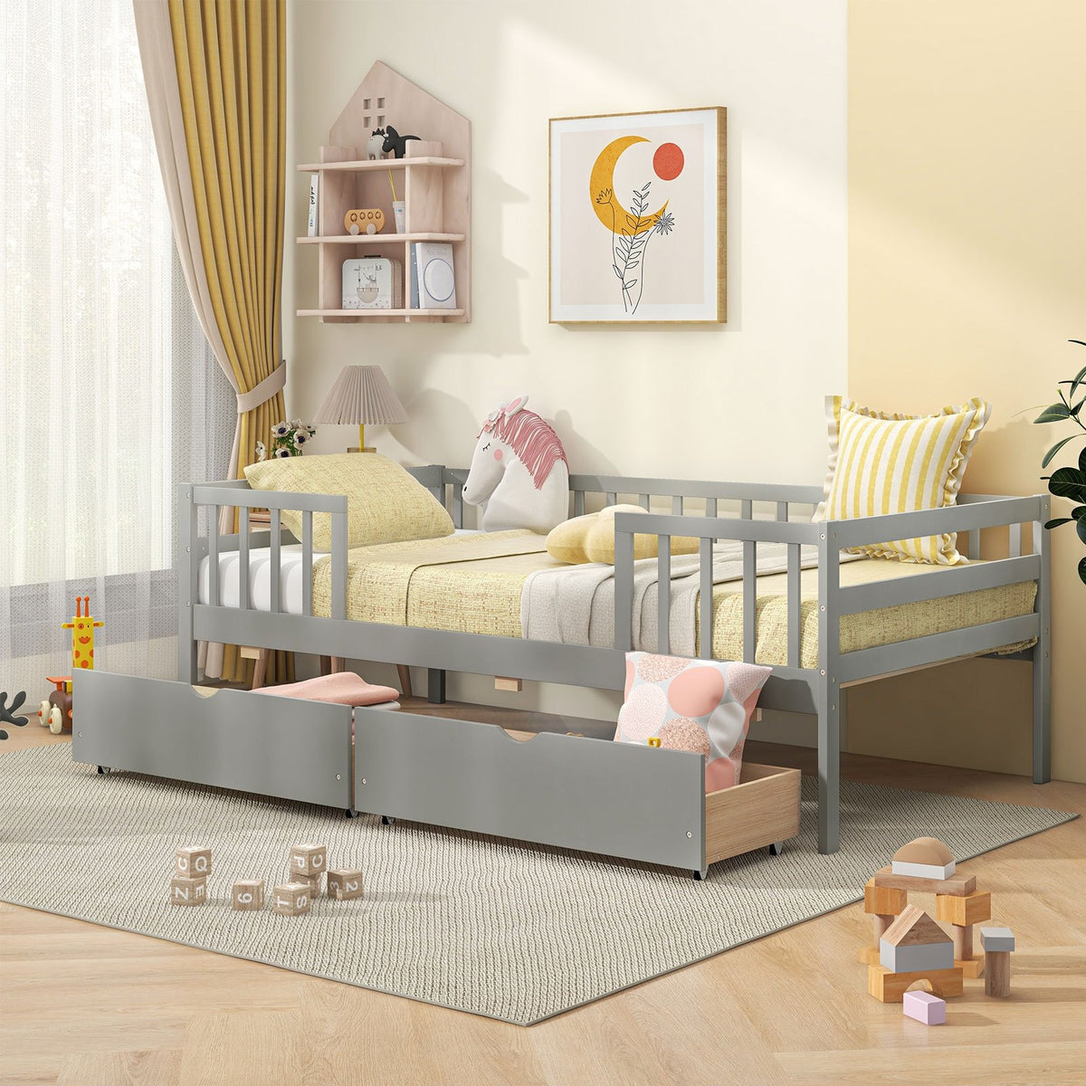 Twin Daybed with Fence and 2 Drawers Kids Bed for Boys & Girls-Gray view 3
