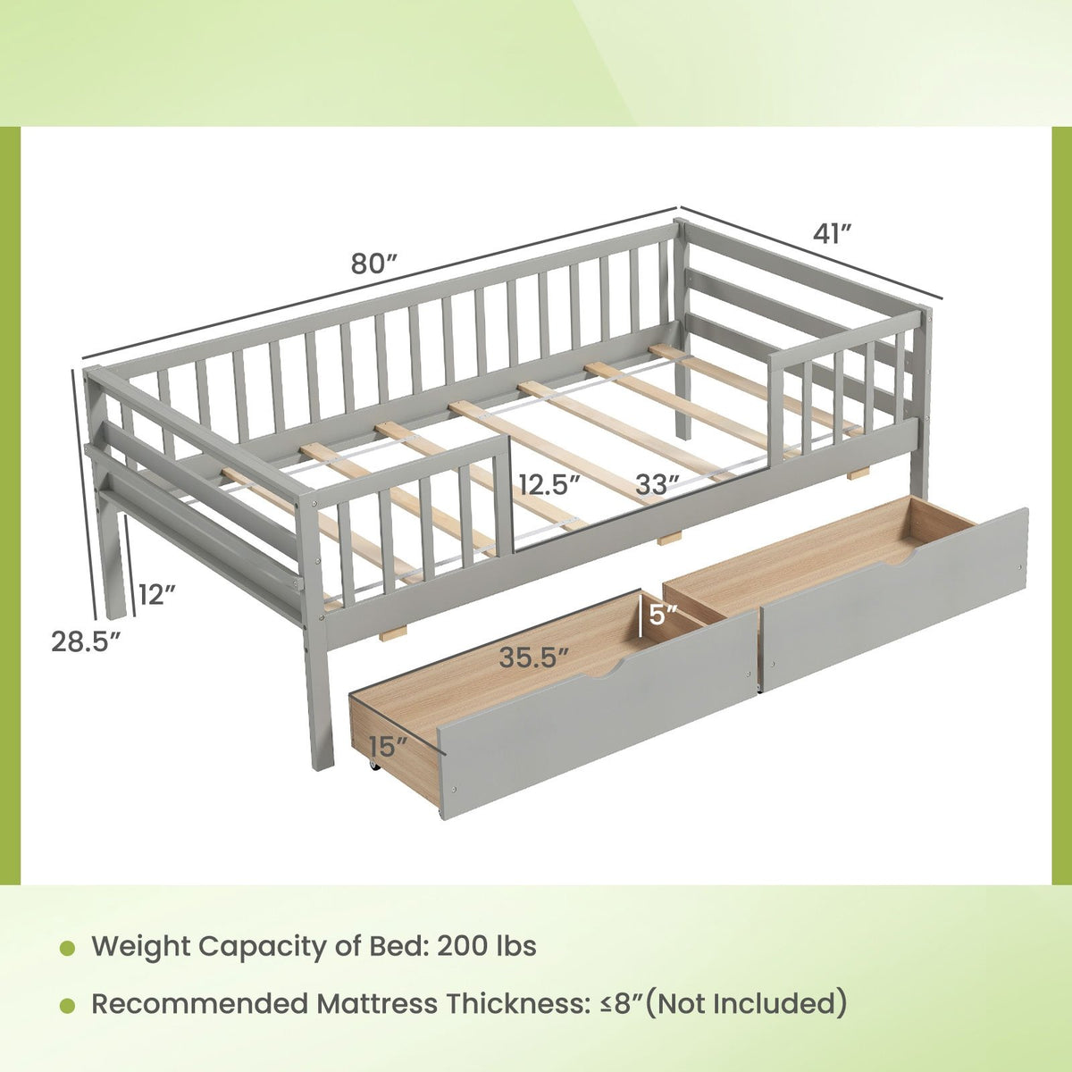 Twin Daybed with Fence and 2 Drawers Kids Bed for Boys & Girls-Gray view 4