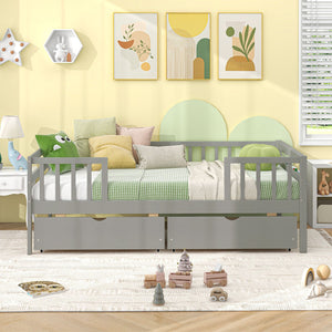 Twin Daybed with Fence and 2 Drawers Kids Bed for Boys & Girls-Gray view 5