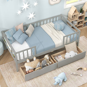 Twin Daybed with Fence and 2 Drawers Kids Bed for Boys & Girls-Gray view 6
