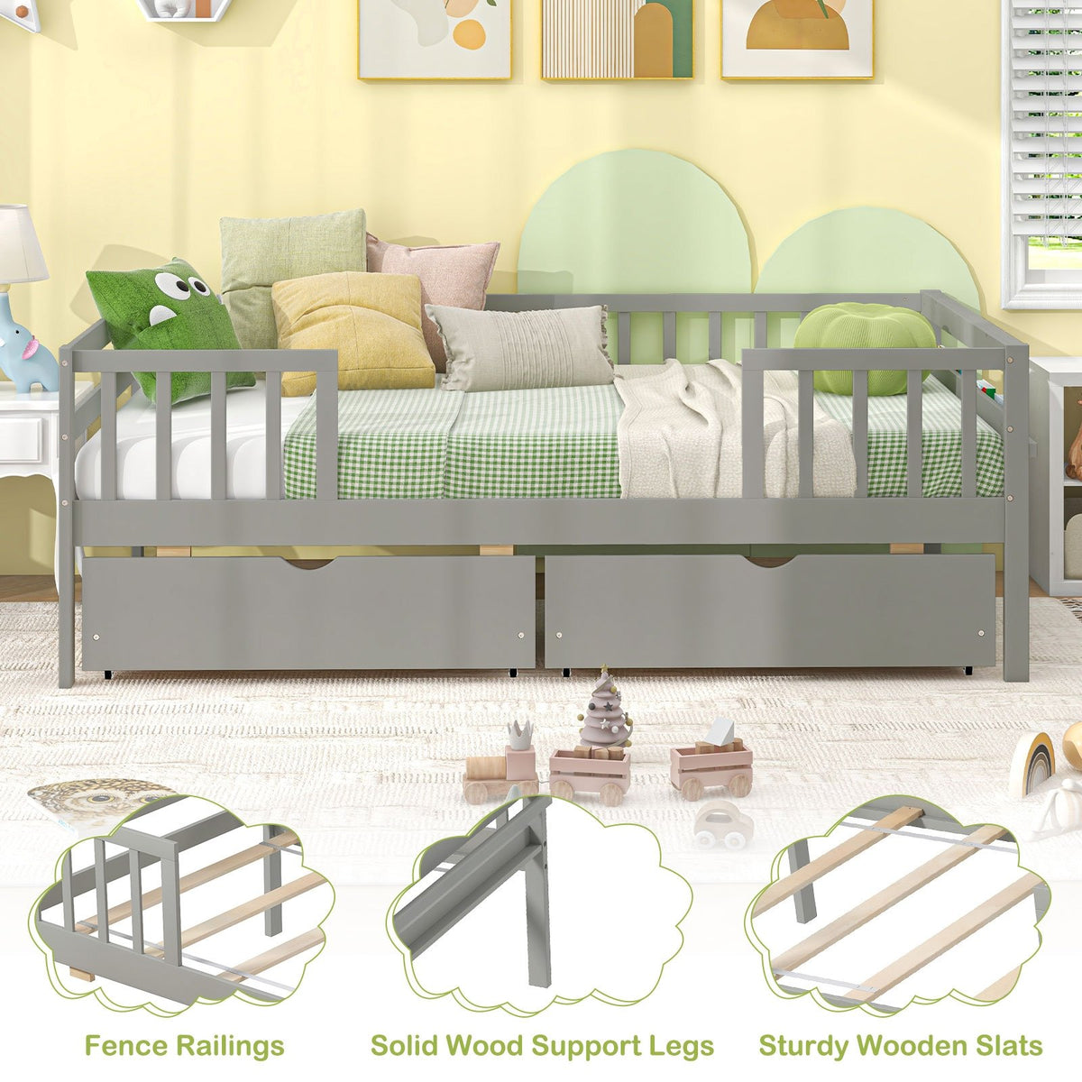 Twin Daybed with Fence and 2 Drawers Kids Bed for Boys & Girls-Gray view 7
