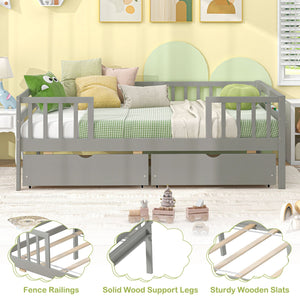Twin Daybed with Fence and 2 Drawers Kids Bed for Boys & Girls-Gray view 7