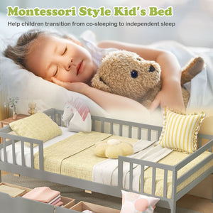 Twin Daybed with Fence and 2 Drawers Kids Bed for Boys & Girls-Gray view 8