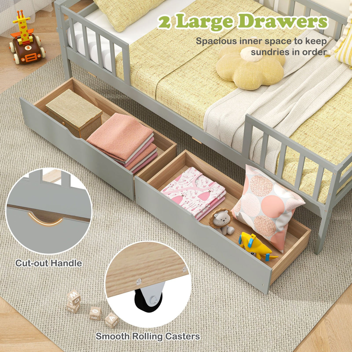 Twin Daybed with Fence and 2 Drawers Kids Bed for Boys & Girls-Gray view 9
