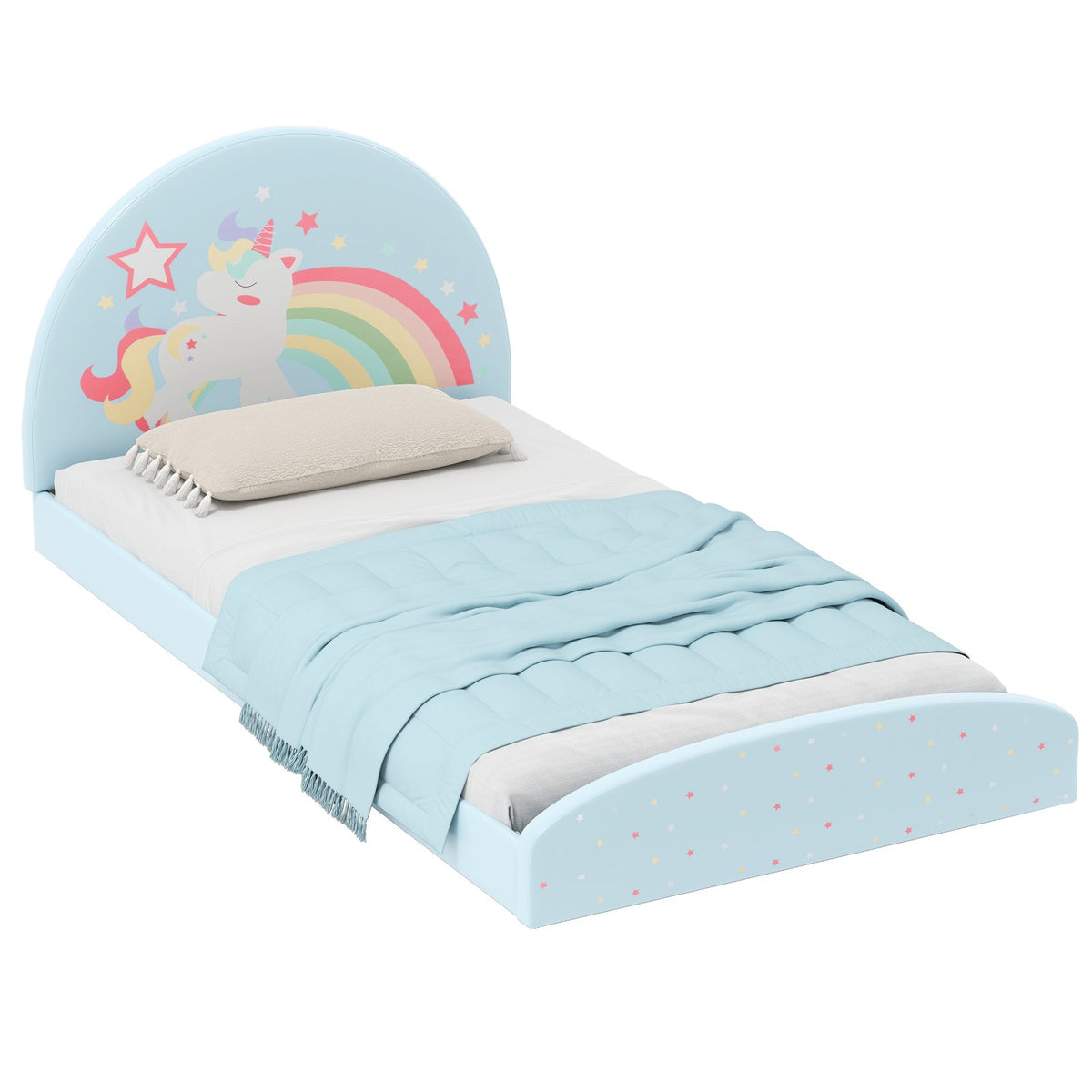 Twin Floor Bed Frame Upholstered Twin Size Kids Floor Bed with 210D Oxford Cloth Floor Mat-Blue
