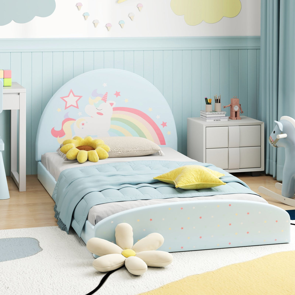 Twin Floor Bed Frame Upholstered Twin Size Kids Floor Bed with 210D Oxford Cloth Floor Mat-Blue view 2