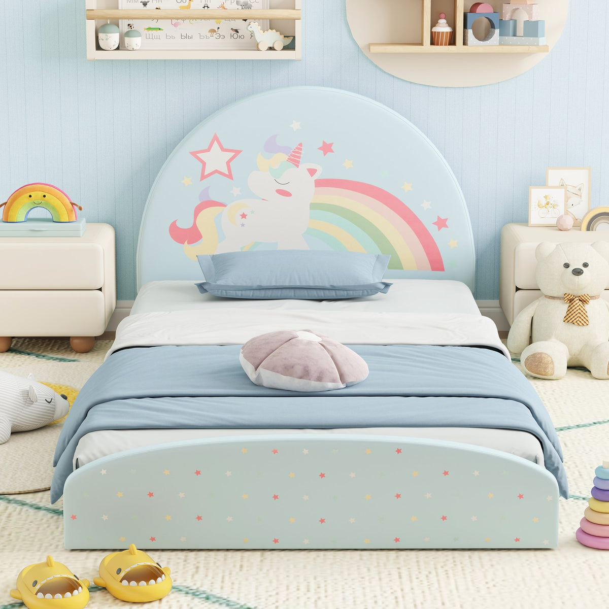 Twin Floor Bed Frame Upholstered Twin Size Kids Floor Bed with 210D Oxford Cloth Floor Mat-Blue view 3