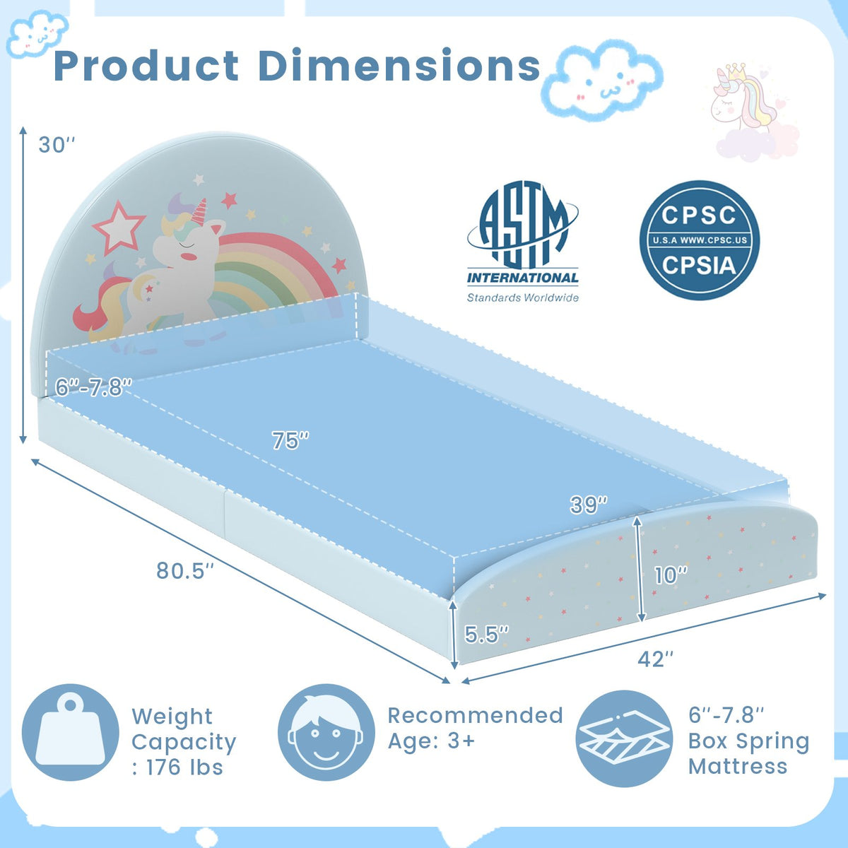Twin Floor Bed Frame Upholstered Twin Size Kids Floor Bed with 210D Oxford Cloth Floor Mat-Blue view 5