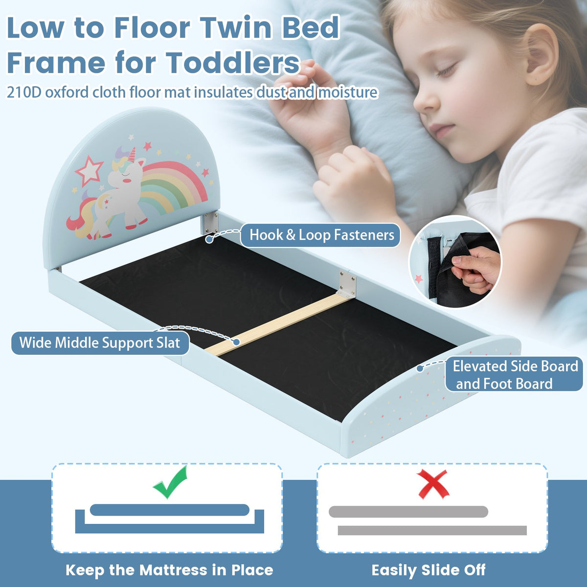 Twin Floor Bed Frame Upholstered Twin Size Kids Floor Bed with 210D Oxford Cloth Floor Mat-Blue view 8