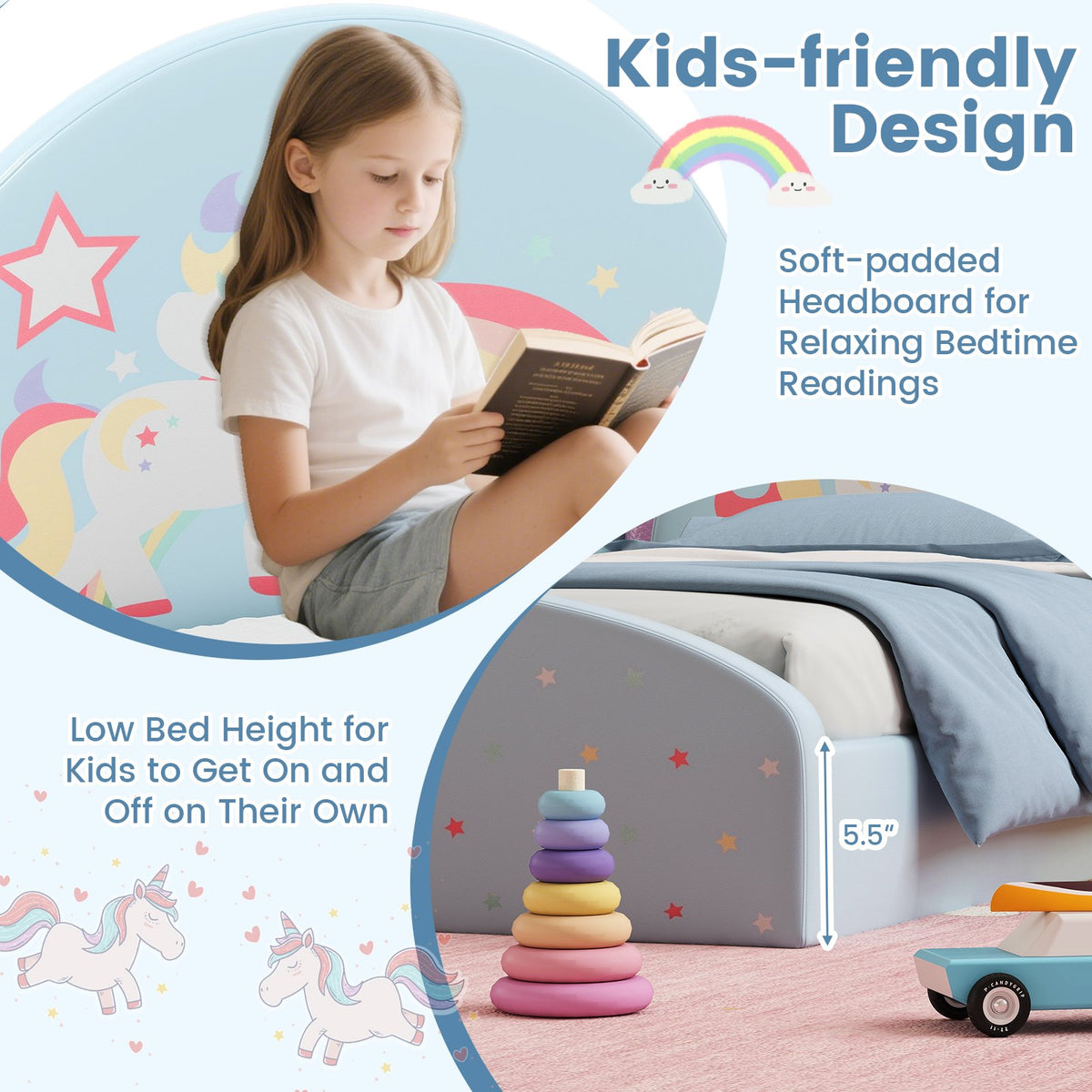 Twin Floor Bed Frame Upholstered Twin Size Kids Floor Bed with 210D Oxford Cloth Floor Mat-Blue view 9