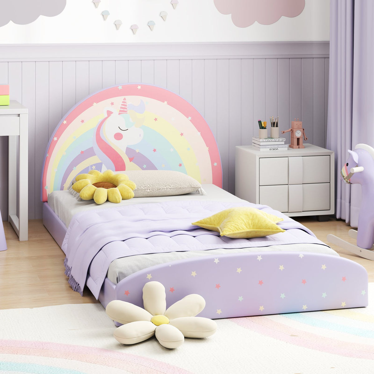 Twin Floor Bed Frame Upholstered Twin Size Kids Floor Bed with 210D Oxford Cloth Floor Mat-Purple view 2