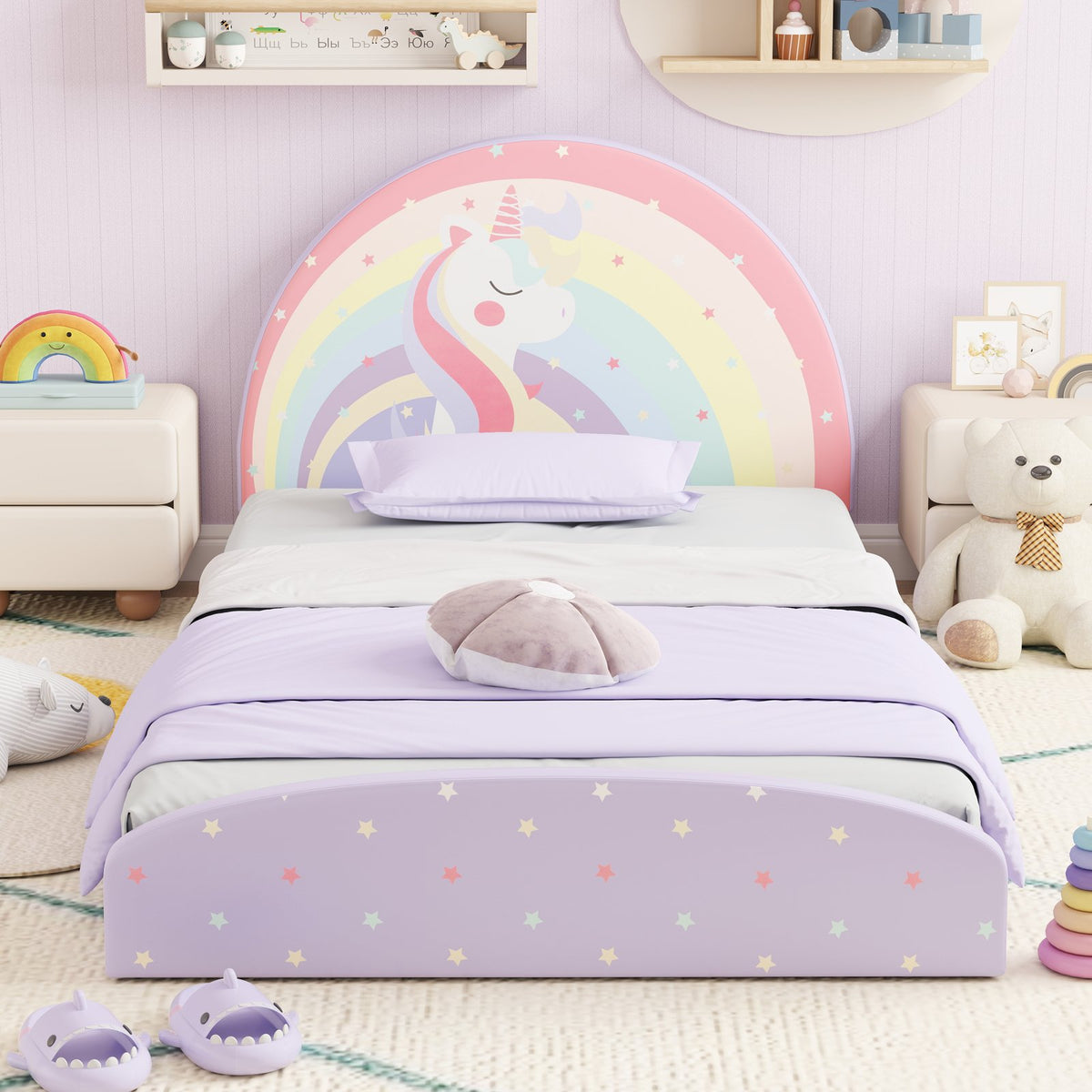 Twin Floor Bed Frame Upholstered Twin Size Kids Floor Bed with 210D Oxford Cloth Floor Mat-Purple view 3