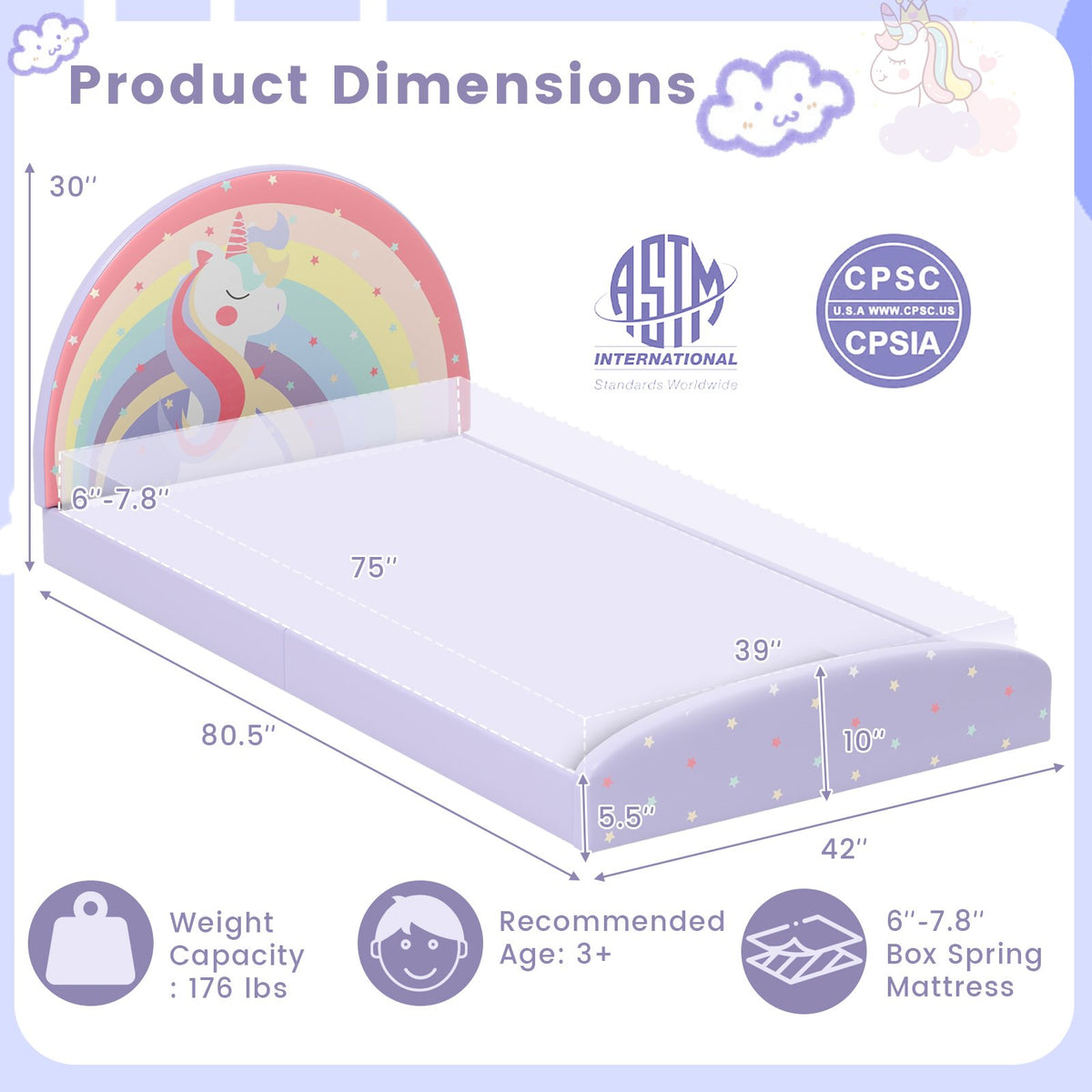 Twin Floor Bed Frame Upholstered Twin Size Kids Floor Bed with 210D Oxford Cloth Floor Mat-Purple view 5