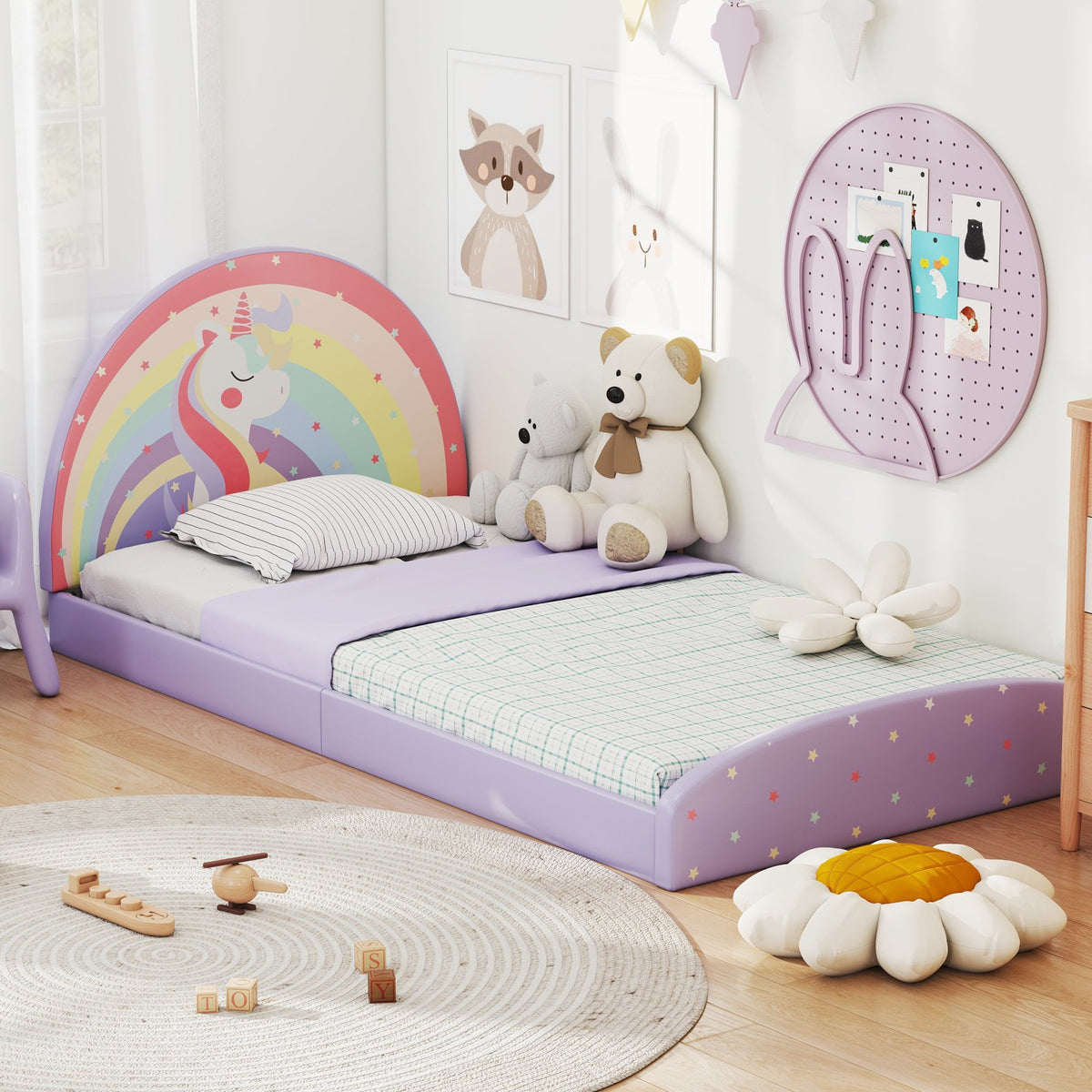 Twin Floor Bed Frame Upholstered Twin Size Kids Floor Bed with 210D Oxford Cloth Floor Mat-Purple view 6