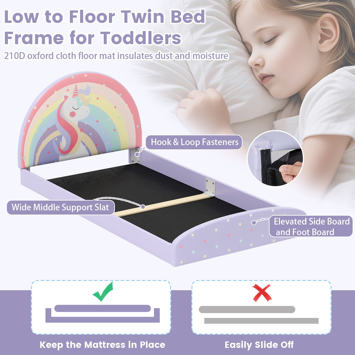 Twin Floor Bed Frame Upholstered Twin Size Kids Floor Bed with 210D Oxford Cloth Floor Mat-Purple view 7