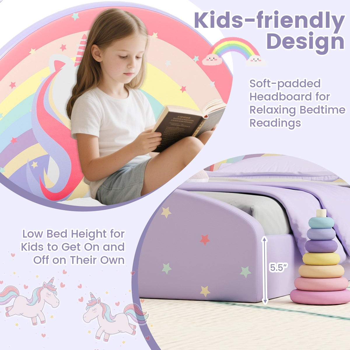 Twin Floor Bed Frame Upholstered Twin Size Kids Floor Bed with 210D Oxford Cloth Floor Mat-Purple view 8