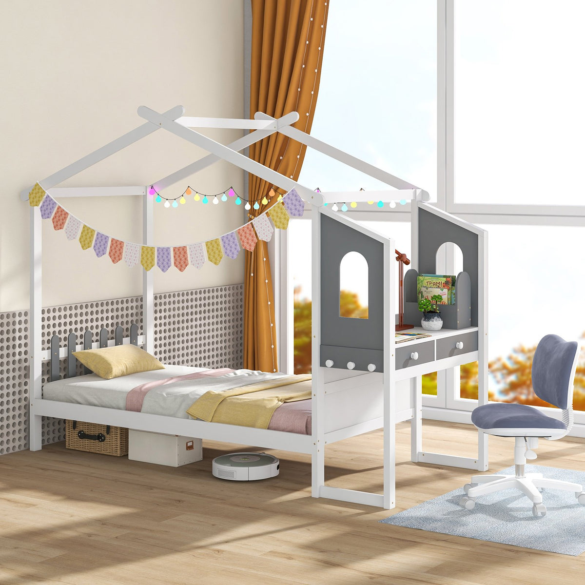 Twin/Full Bed Frame with House Roof Canopy and Fence for Kids-Full Size view 2