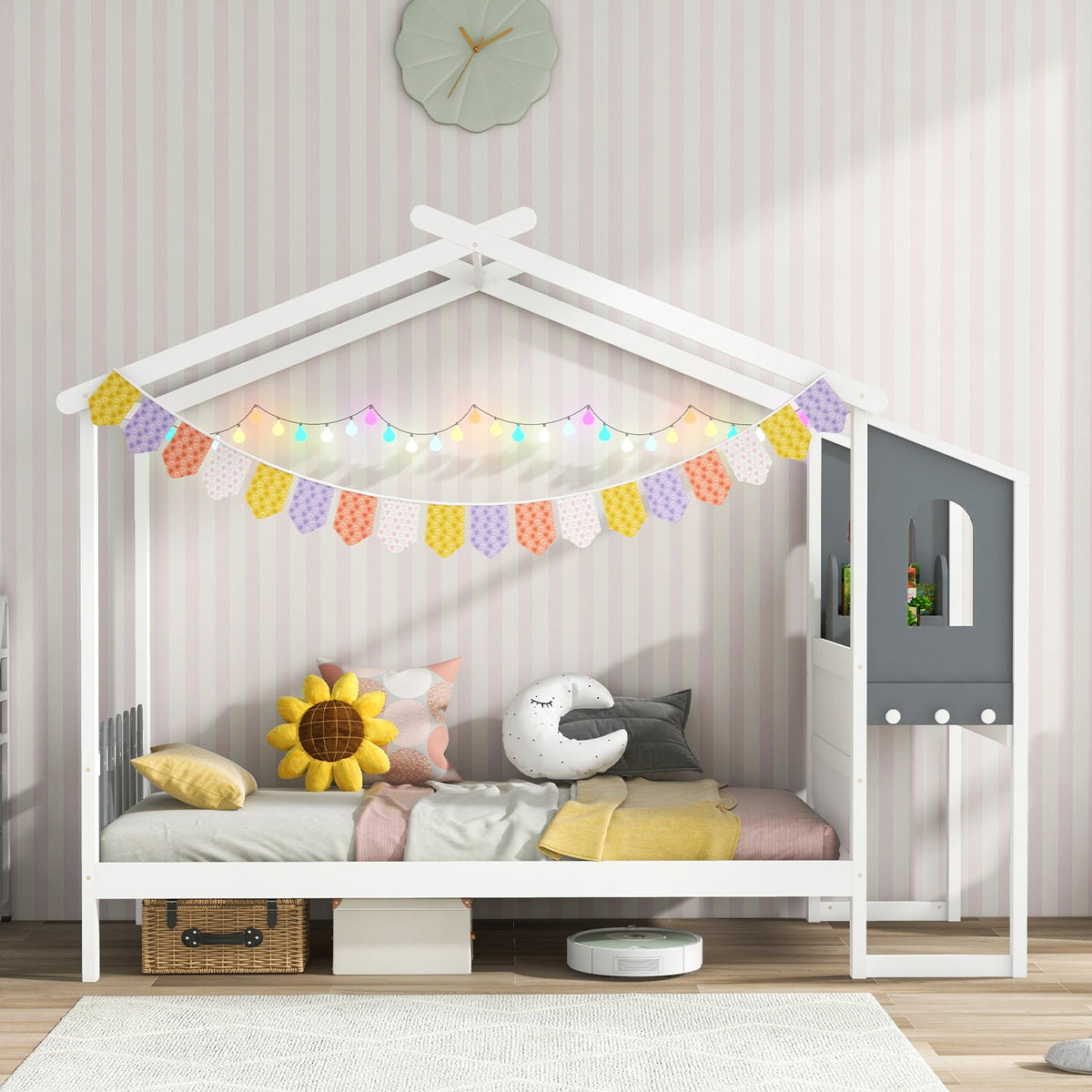 Twin/Full Bed Frame with House Roof Canopy and Fence for Kids-Twin Size view 3