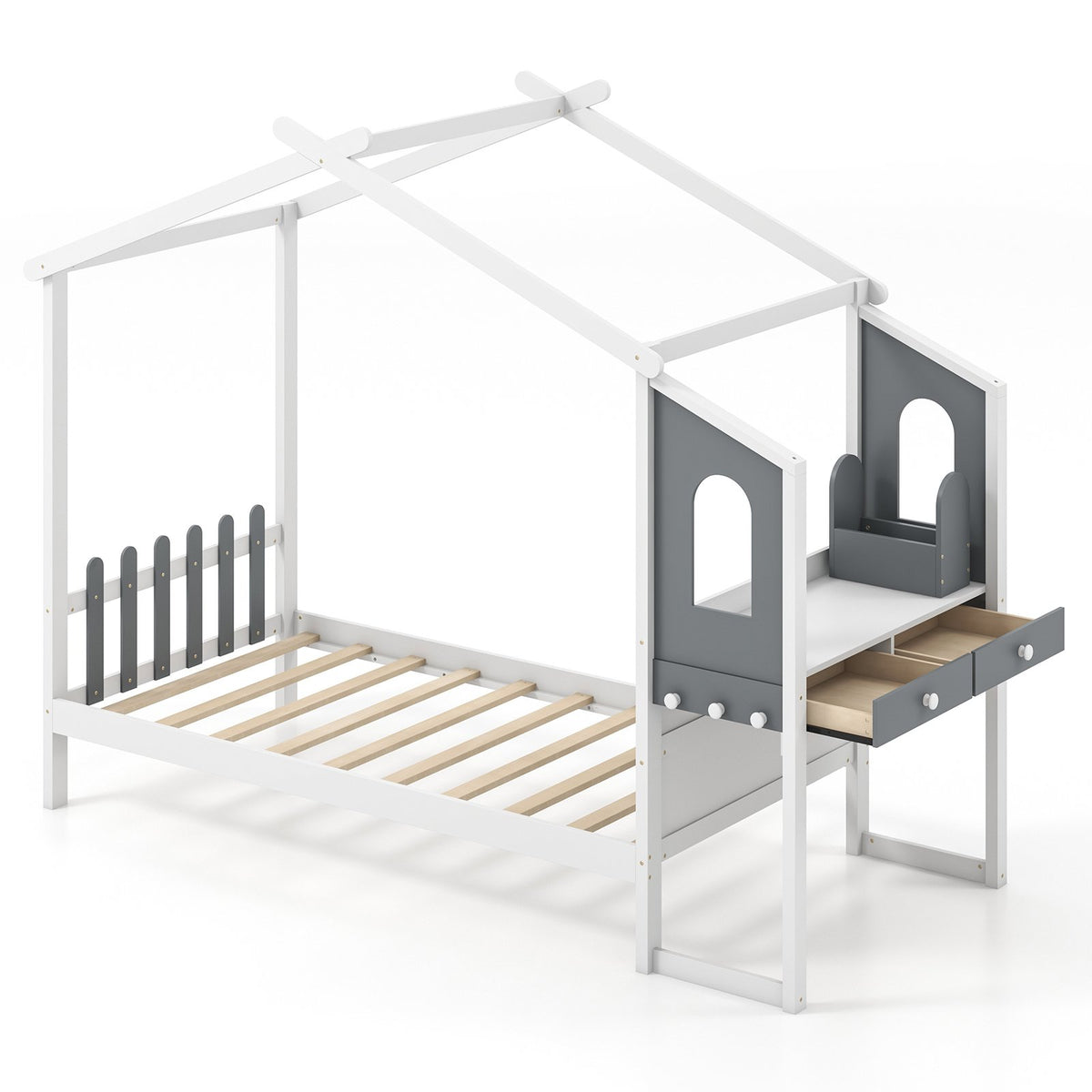 Twin/Full Bed Frame with House Roof Canopy and Fence for Kids-Twin Size view 4