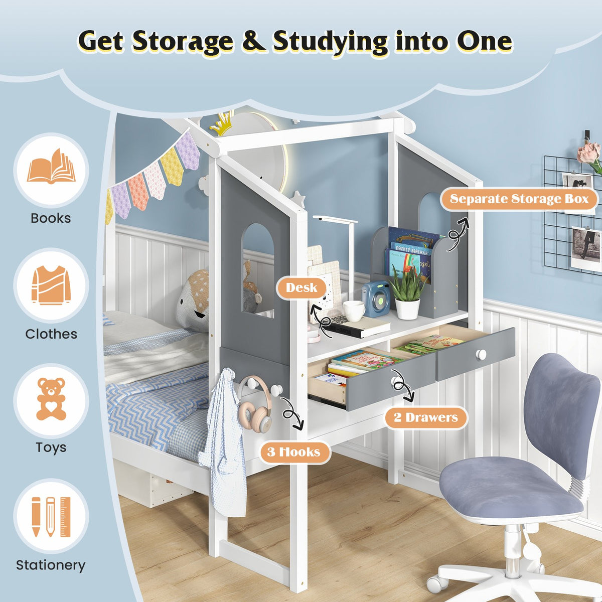 Twin/Full Bed Frame with House Roof Canopy and Fence for Kids-Twin Size view 7