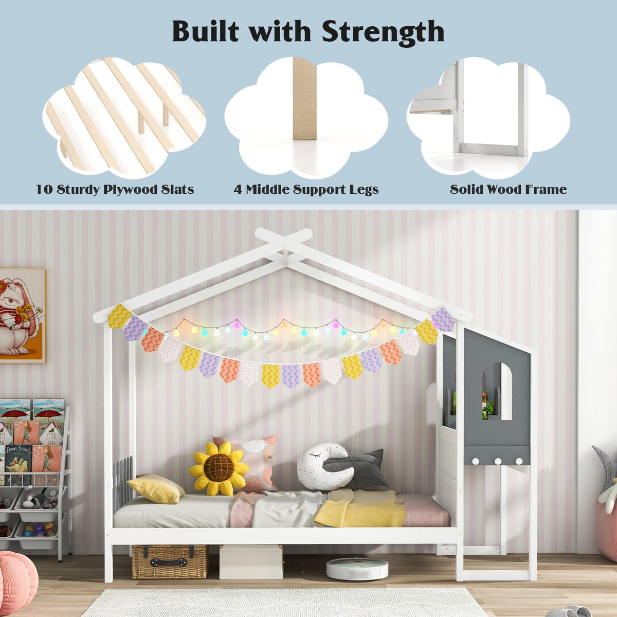 Twin/Full Bed Frame with House Roof Canopy and Fence for Kids-Twin Size view 8