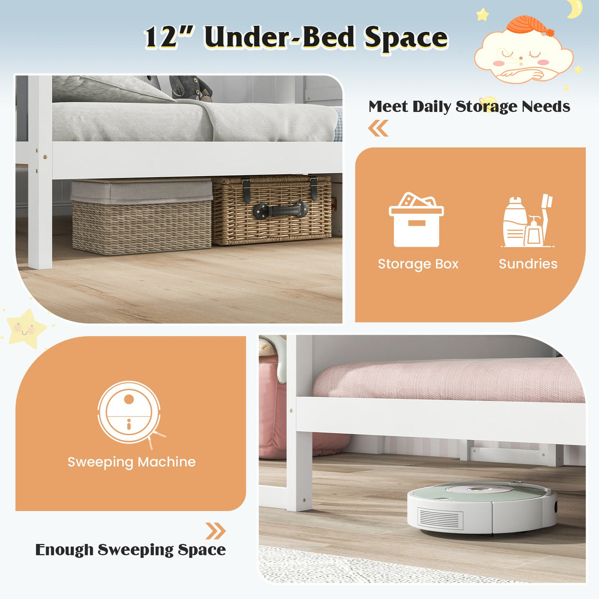 Twin/Full Bed Frame with House Roof Canopy and Fence for Kids-Twin Size view 9