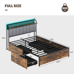 Twin/Full/Queen Bed Frame with LED Lights, Upholstered Headboard and 4 Storage Drawers-Full Size view 4