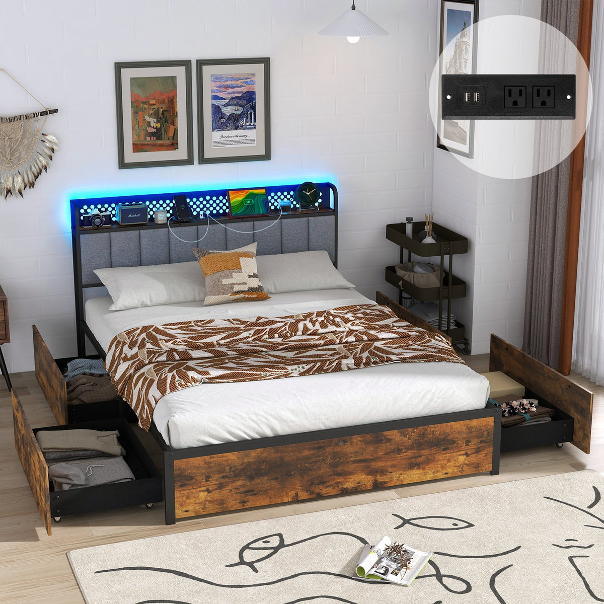 Twin/Full/Queen Bed Frame with LED Lights, Upholstered Headboard and 4 Storage Drawers-Full Size view 5