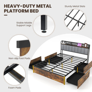 Twin/Full/Queen Bed Frame with LED Lights, Upholstered Headboard and 4 Storage Drawers-Full Size view 7