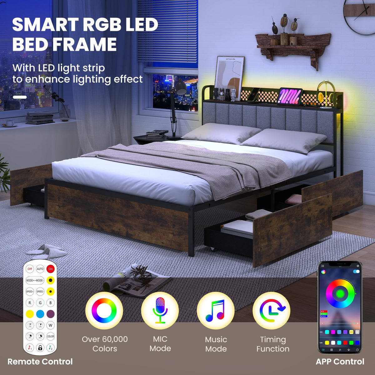 Twin/Full/Queen Bed Frame with LED Lights, Upholstered Headboard and 4 Storage Drawers-Full Size view 8