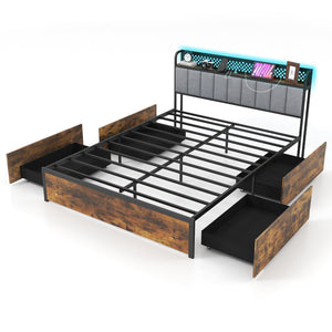 Twin/Full/Queen Bed Frame with LED Lights, Upholstered Headboard and 4 Storage Drawers-Queen Size