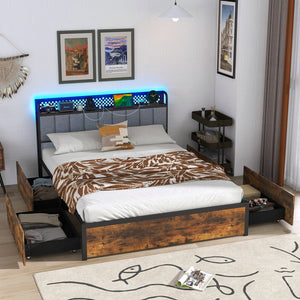 Twin/Full/Queen Bed Frame with LED Lights, Upholstered Headboard and 4 Storage Drawers-Queen Size view 2