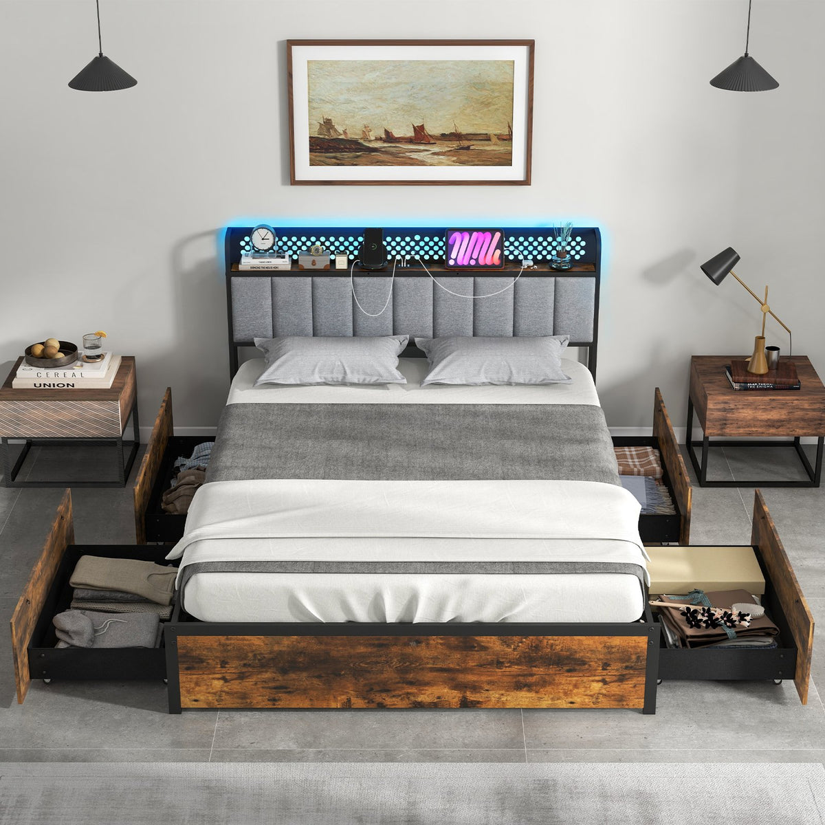 Twin/Full/Queen Bed Frame with LED Lights, Upholstered Headboard and 4 Storage Drawers-Queen Size view 3