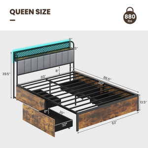 Twin/Full/Queen Bed Frame with LED Lights, Upholstered Headboard and 4 Storage Drawers-Queen Size view 4