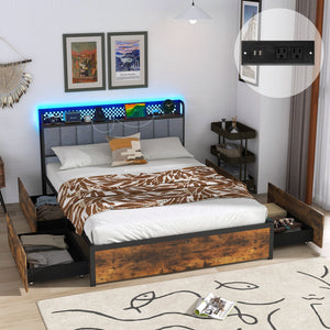 Twin/Full/Queen Bed Frame with LED Lights, Upholstered Headboard and 4 Storage Drawers-Queen Size view 5
