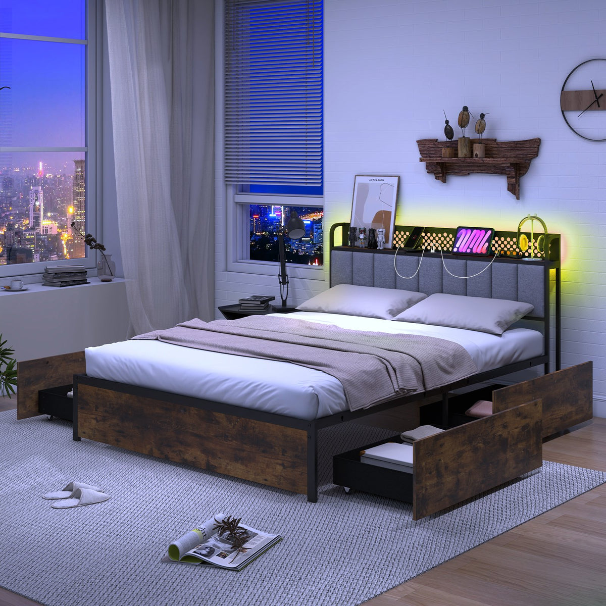 Twin/Full/Queen Bed Frame with LED Lights, Upholstered Headboard and 4 Storage Drawers-Queen Size view 6