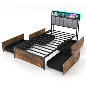 Twin/Full/Queen Bed Frame with LED Lights, Upholstered Headboard and 4 Storage Drawers-Twin size