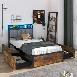 Twin/Full/Queen Bed Frame with LED Lights, Upholstered Headboard and 4 Storage Drawers-Twin size view 2
