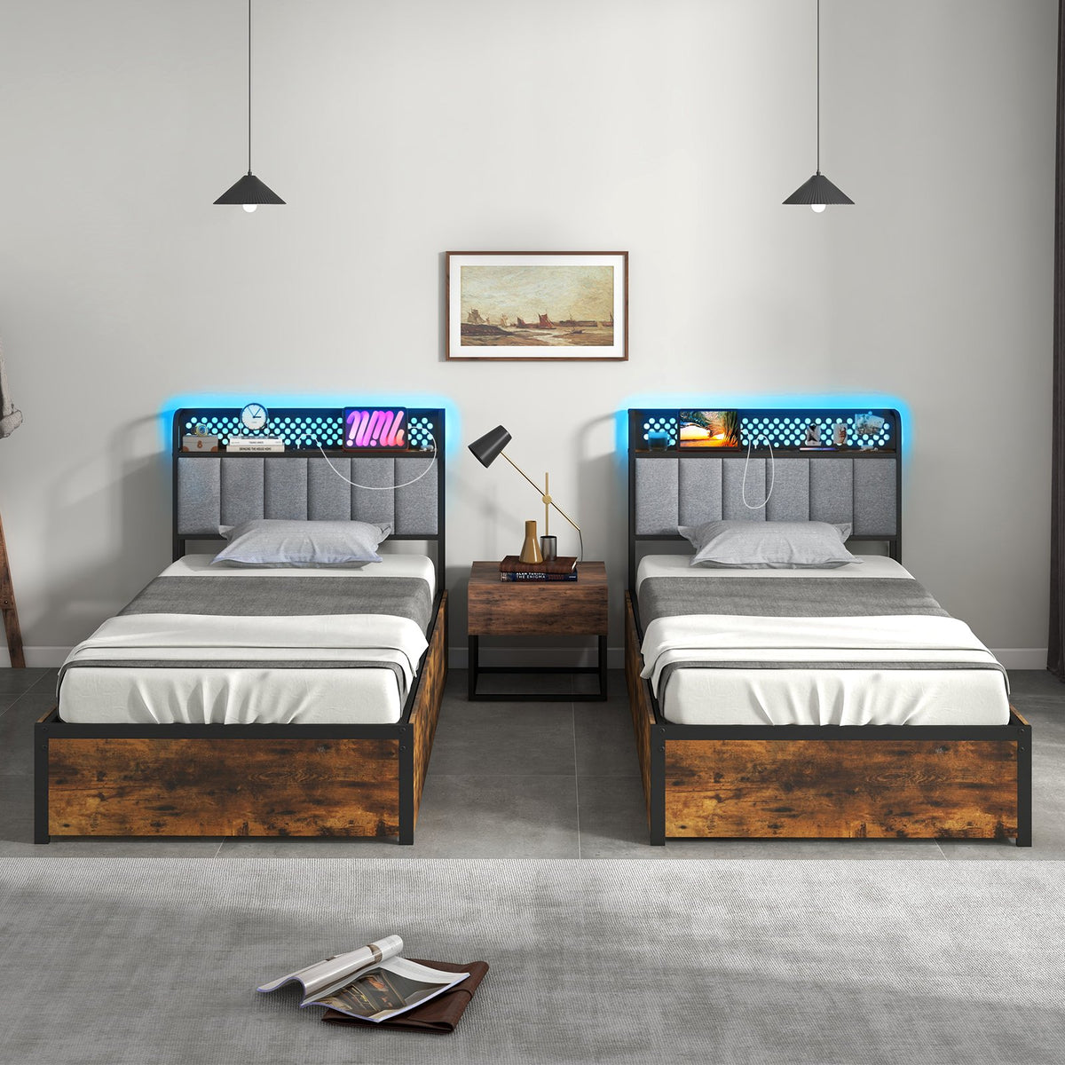 Twin/Full/Queen Bed Frame with LED Lights, Upholstered Headboard and 4 Storage Drawers-Twin size view 3