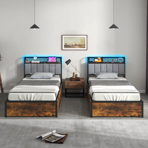 Twin/Full/Queen Bed Frame with LED Lights, Upholstered Headboard and 4 Storage Drawers-Twin size view 3