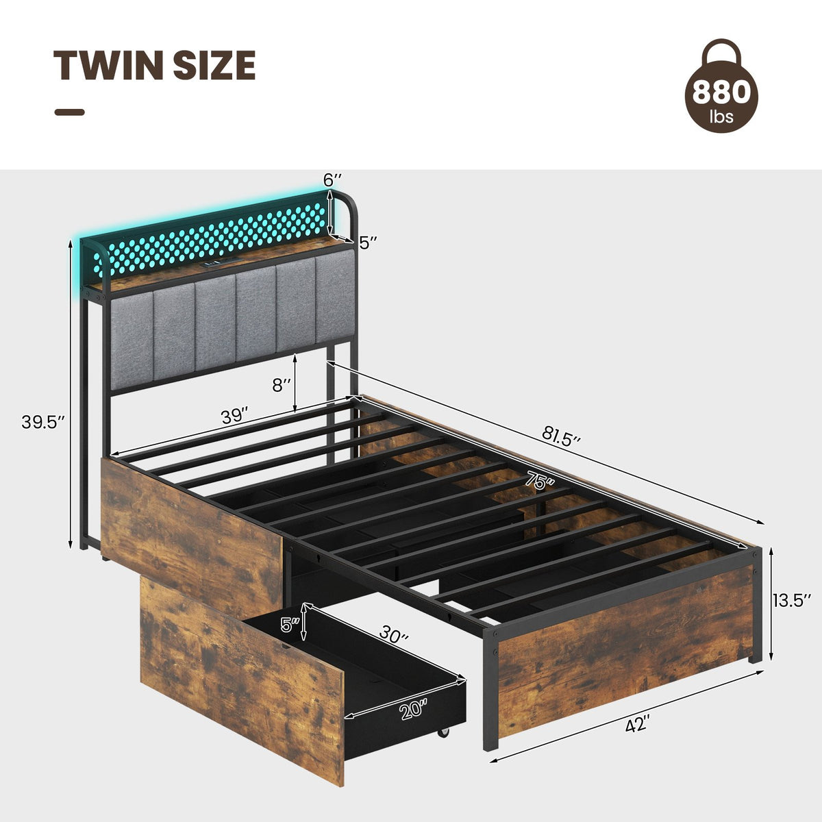 Twin/Full/Queen Bed Frame with LED Lights, Upholstered Headboard and 4 Storage Drawers-Twin size view 4