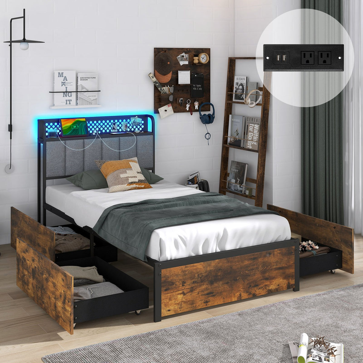 Twin/Full/Queen Bed Frame with LED Lights, Upholstered Headboard and 4 Storage Drawers-Twin size view 5